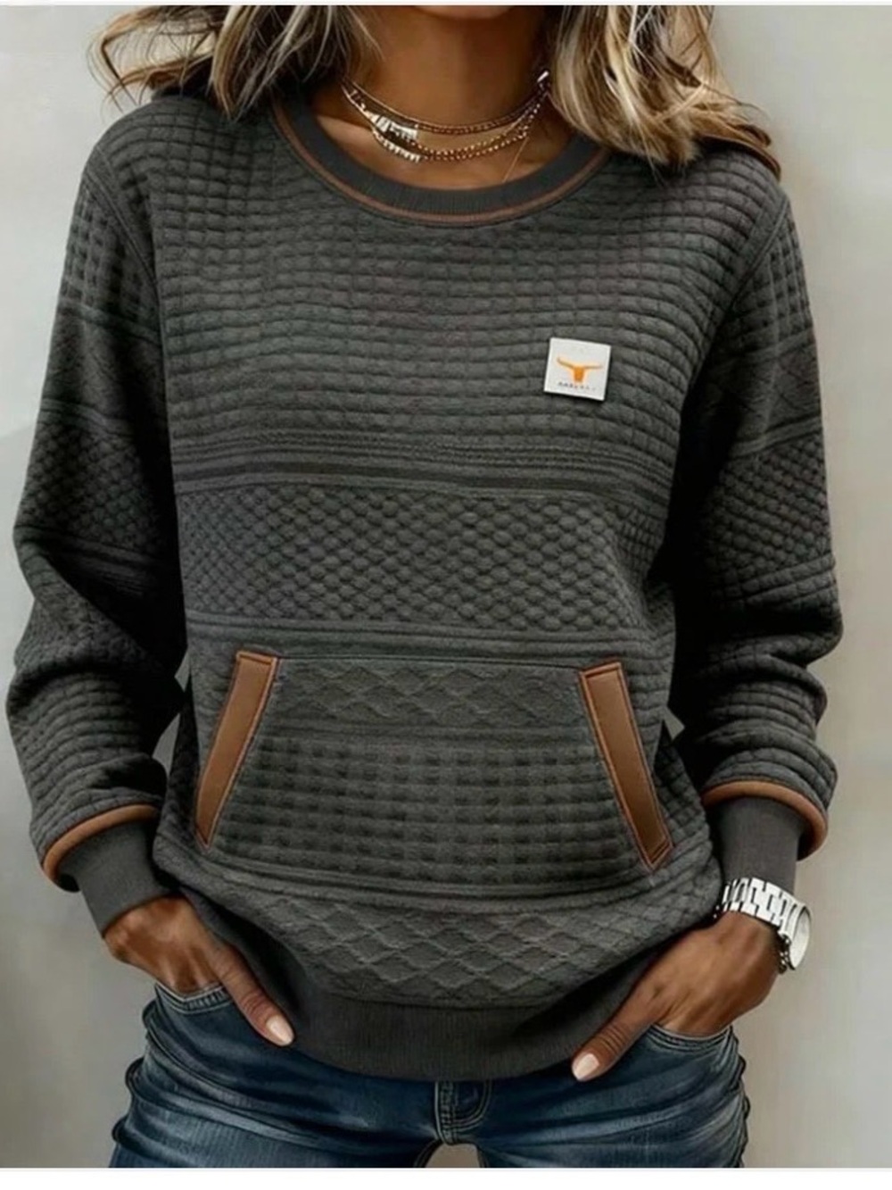 Quilted Crewneck Pullover Sweatshirt in Charcoal with Brown Trim